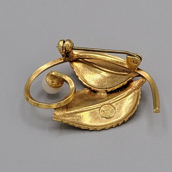 Leaf and Imitation Pearl Brooch Pin Brushed Gold Tone Textured German Made Vtg - Picture 5 of 8